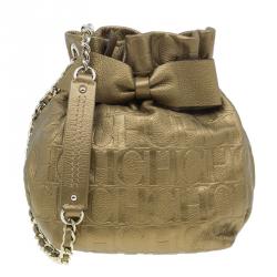 Pre Owned Carolina Herrera Gold Monogram Embossed Bucket Shoulder Bag