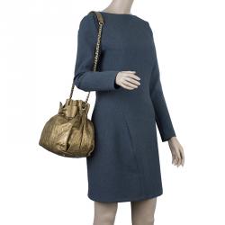 Pre Owned Carolina Herrera Gold Monogram Embossed Bucket Shoulder Bag