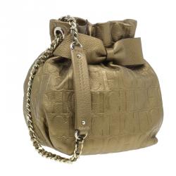 Pre Owned Carolina Herrera Gold Monogram Embossed Bucket Shoulder Bag