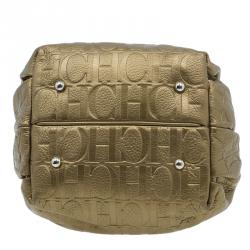 Pre Owned Carolina Herrera Gold Monogram Embossed Bucket Shoulder Bag