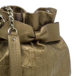 Pre Owned Carolina Herrera Gold Monogram Embossed Bucket Shoulder Bag