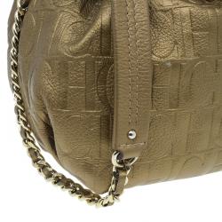 Pre Owned Carolina Herrera Gold Monogram Embossed Bucket Shoulder Bag