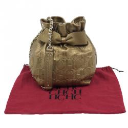 Pre Owned Carolina Herrera Gold Monogram Embossed Bucket Shoulder Bag