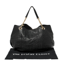 Pre Owned Carolina Herrera Black Monogram Embossed Leather Dahlia Hobo