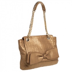 Pre Owned Carolina Herrera Gold Monogram Leather Audrey Shoulder Bag