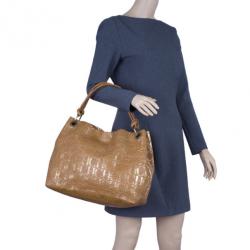 Pre Owned Carolina Herrera Brown Logo Leather Hobo