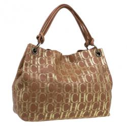 Pre Owned Carolina Herrera Brown Logo Leather Hobo