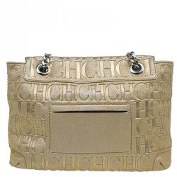 Pre Owned Carolina Herrera Gold Monogram Leather Audrey Shoulder Bag