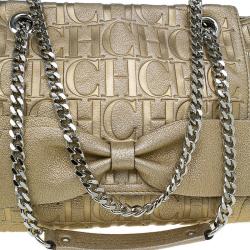 Pre Owned Carolina Herrera Gold Monogram Leather Audrey Shoulder Bag