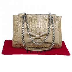 Pre Owned Carolina Herrera Gold Monogram Leather Audrey Shoulder Bag