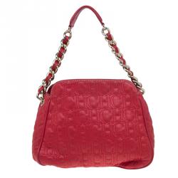 Pre Owned Carolina Herrera Red Quilted Monogram Leather Hobo