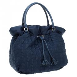 Pre Owned Carolina Herrera Navy Blue Monogram Nylon Drawstring Tote