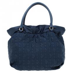 Pre Owned Carolina Herrera Navy Blue Monogram Nylon Drawstring Tote