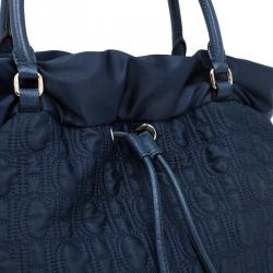 Pre Owned Carolina Herrera Navy Blue Monogram Nylon Drawstring Tote