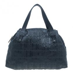 Pre Owned Carolina Herrera Black Monogram Leather Tote Bag