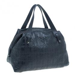 Pre Owned Carolina Herrera Black Monogram Leather Tote Bag