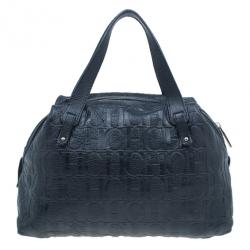 Pre Owned Carolina Herrera Black Monogram Leather Tote Bag