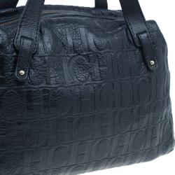 Pre Owned Carolina Herrera Black Monogram Leather Tote Bag