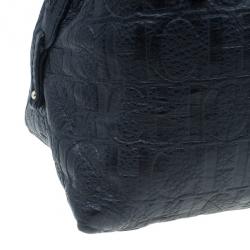 Pre Owned Carolina Herrera Black Monogram Leather Tote Bag