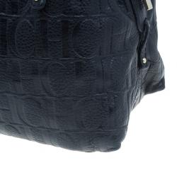 Pre Owned Carolina Herrera Black Monogram Leather Tote Bag