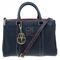 Pre Owned Carolina Herrera Navy Blue Leather Matteo Top Handle Bag