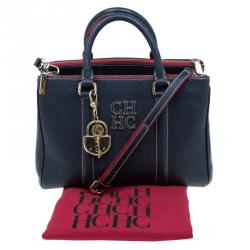 Pre Owned Carolina Herrera Navy Blue Leather Matteo Top Handle Bag