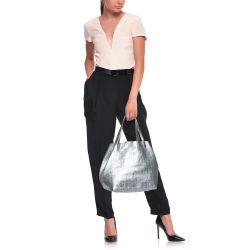 Pre Owned Carolina Herrera Metallic Silver Monogram Leather Matryoshka Tote