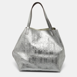 Pre Owned Carolina Herrera Metallic Silver Monogram Leather Matryoshka Tote