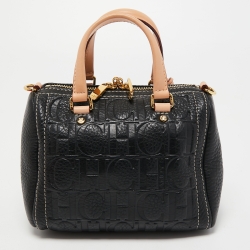 Pre Owned Carolina Herrera Black/Beige Monogram Embossed Leather Mini Andy Boston Bag
