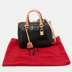 Pre Owned Carolina Herrera Black/Beige Monogram Embossed Leather Mini Andy Boston Bag