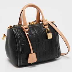 Pre Owned Carolina Herrera Black/Beige Monogram Embossed Leather Mini Andy Boston Bag