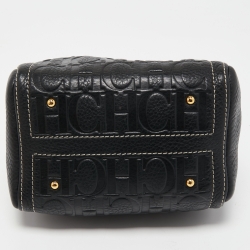 Pre Owned Carolina Herrera Black/Beige Monogram Embossed Leather Mini Andy Boston Bag