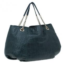 Pre Owned Carolina Herrera Green Monogram Embossed Dahlia Hobo