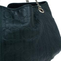 Pre Owned Carolina Herrera Green Monogram Embossed Dahlia Hobo