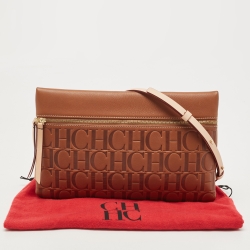Pre Owned Carolina Herrera Brown Signature Embossed Leather Zip Crossbody Bag