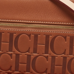 Pre Owned Carolina Herrera Brown Signature Embossed Leather Zip Crossbody Bag