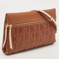 Pre Owned Carolina Herrera Brown Signature Embossed Leather Zip Crossbody Bag