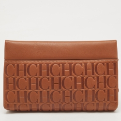 Pre Owned Carolina Herrera Brown Signature Embossed Leather Zip Crossbody Bag