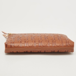 Pre Owned Carolina Herrera Brown Signature Embossed Leather Zip Crossbody Bag