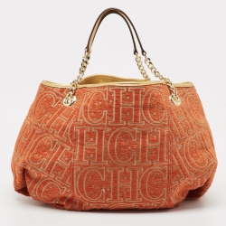 Pre Owned Carolina Herrera Orange/Beige Monogram Fabric and Leather Chain Tote
