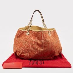 Pre Owned Carolina Herrera Orange/Beige Monogram Fabric and Leather Chain Tote