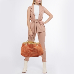Pre Owned Carolina Herrera Orange/Beige Monogram Fabric and Leather Chain Tote