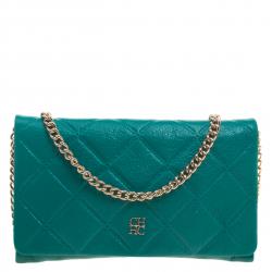 Pre Owned Carolina Herrera Green Quilted Embossed Leather Chain Clutch