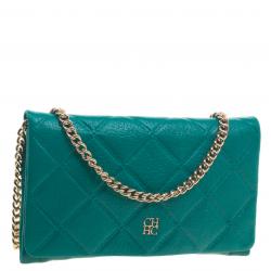 Pre Owned Carolina Herrera Green Quilted Embossed Leather Chain Clutch