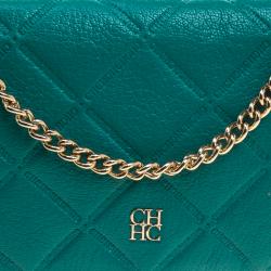 Pre Owned Carolina Herrera Green Quilted Embossed Leather Chain Clutch