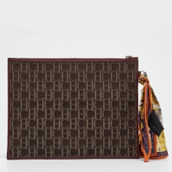 Pre Owned Carolina Herrera Burgundy/Brown Monogram Canvas and Leather Scarf Flat Pouch