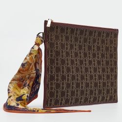Pre Owned Carolina Herrera Burgundy/Brown Monogram Canvas and Leather Scarf Flat Pouch