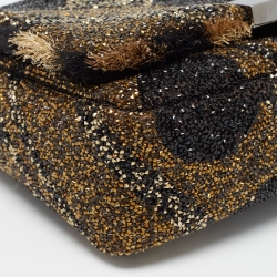 Pre Owned Carolina Herrera Gold/Black Rhinestone CH Metal Flap Bag
