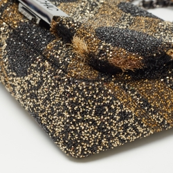 Pre Owned Carolina Herrera Gold/Black Rhinestone CH Metal Flap Bag