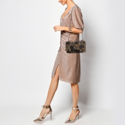 Pre Owned Carolina Herrera Gold/Black Rhinestone CH Metal Flap Bag